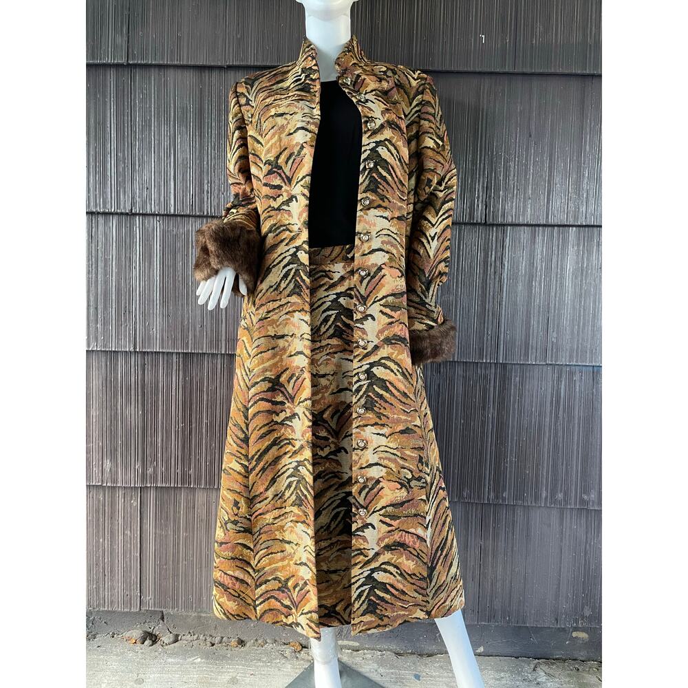 🔥GOSPEL 2 Pc Tapestry Tiger Print Faux Fur Cuffs Coat & Skirt Glam Mob Wife 14